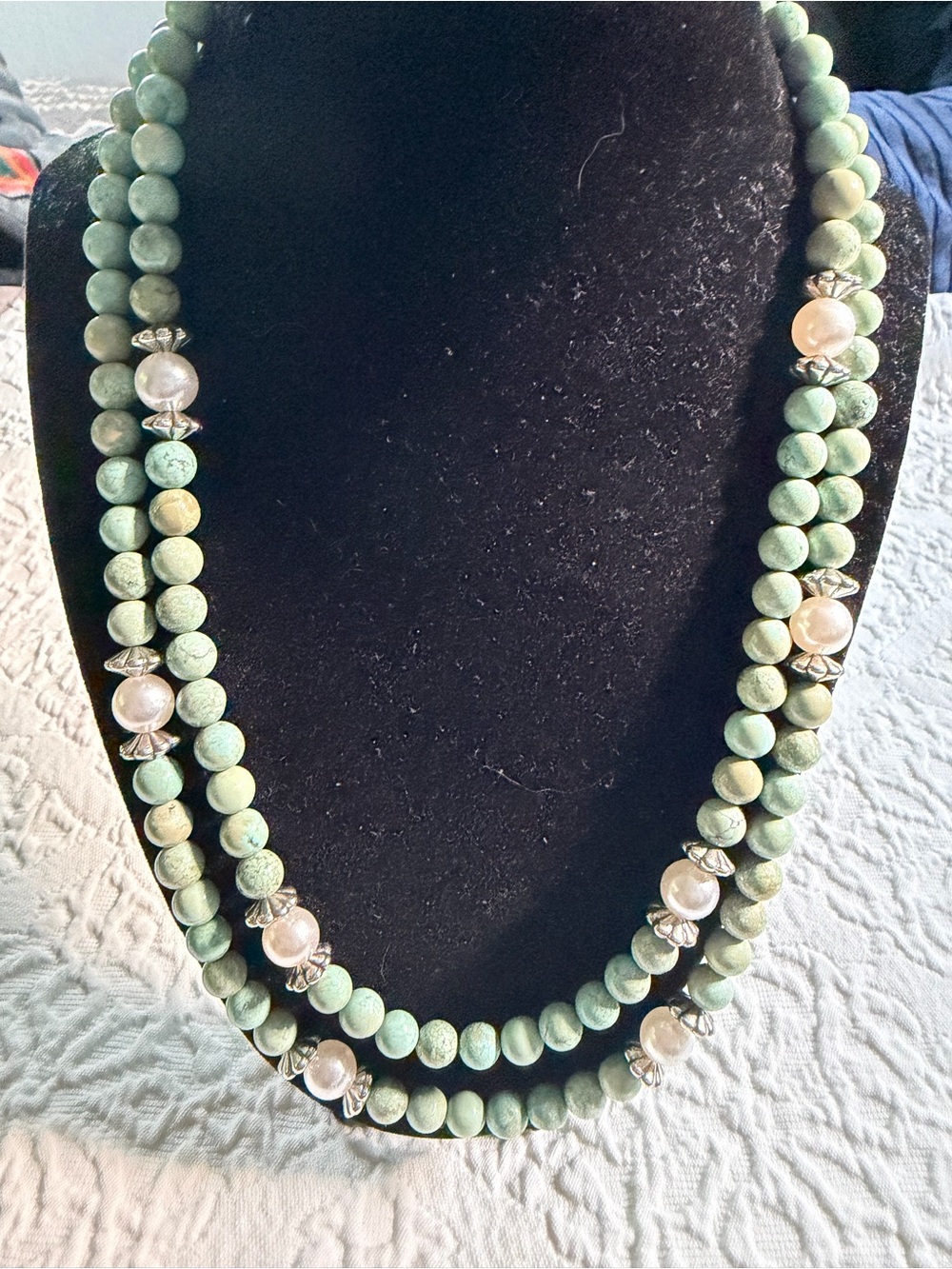 Green Beaded Double-Strand Necklace with Pearl Accents